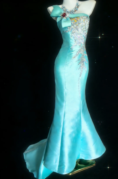 Glamorous Blue One Shoulder Satin Sequin Beaded Mermaid Evening Dress Long Birthday Party Dress SP1595