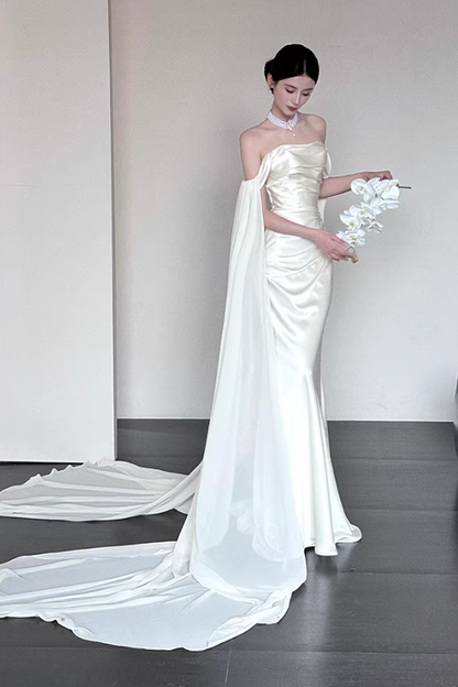 Glamorous Off The Shoulder Satin Chiffon Mermaid Long Evening Dress White Birthday Prom Dress SP2021