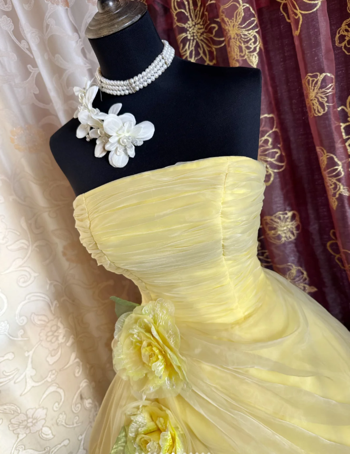 Sweet Strapless Ball Gown Yellow Organza Pleated Birthday Quinceanera Dress With 3D Flowers SP1891