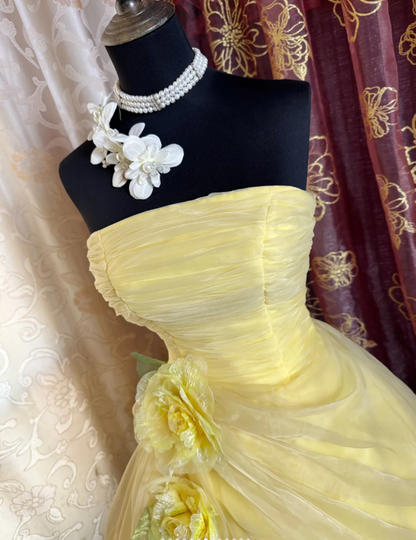 Sweet Strapless Ball Gown Yellow Organza Pleated Birthday Quinceanera Dress With 3D Flowers SP1891