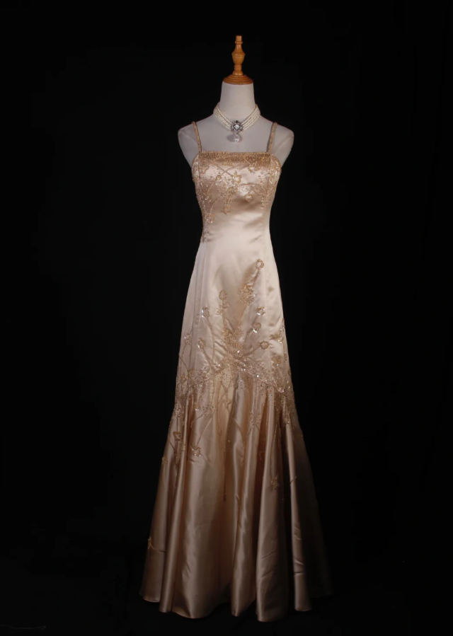 Vintage Spaghetti Straps Yellow Satin Beaded Mermaid Party Evening Dress Long Prom Gown
