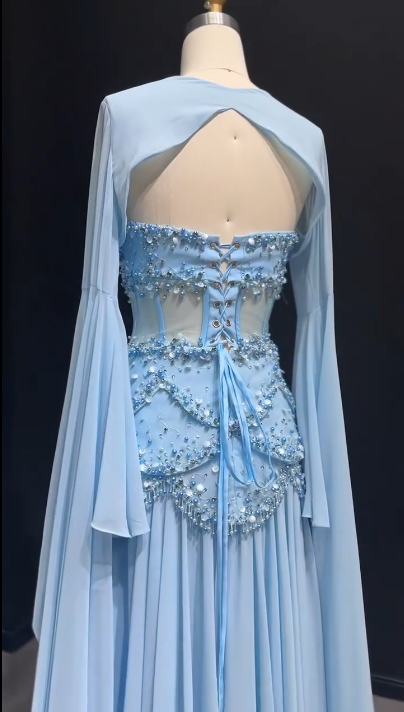 Elegant Blue Chiffon Beaded Long Party Dress Birthday Prom Dress SP1362