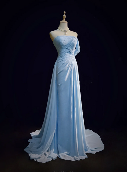 Classy Sky Blue One Shoulder Chiffon Pleated Mermaid Party Dress Long Wedding Guest Dress Evening Gown