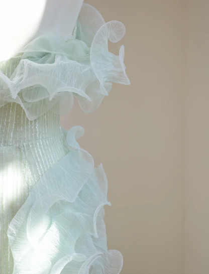 Chic Mint Green Strapless Sequin 3D Tulle Ruffles Mermaid Long Evening Dress Party Gown