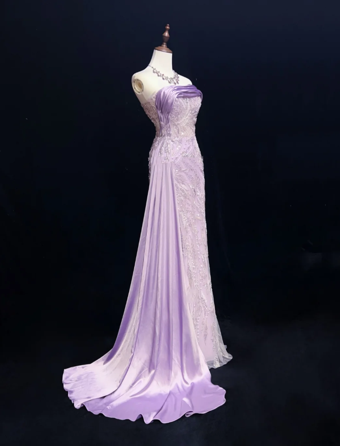 Glamorous  Strapless Lavender Tulle Satin Beaded Slit Mermaid Evening Dress Long Birthday Prom Gowns SP1965
