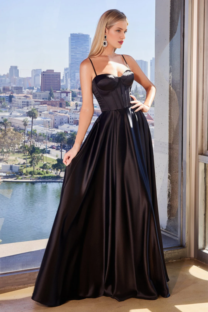 A-line slit skirt satin long sleeveless tight corset dre