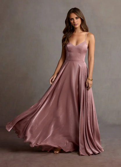 slim shoulder strap V-neck backless side slit and floor length Prom dress