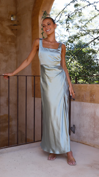 square neckline with backless side slit and floor length Prom dress