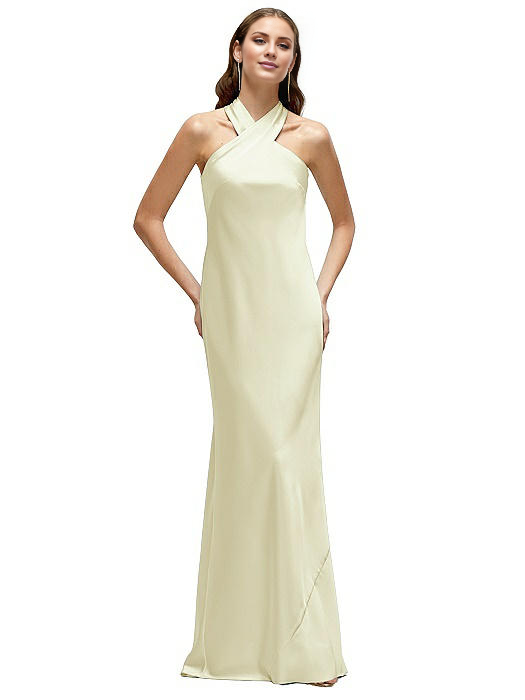 cross neckline hanging neck off shoulder sleeveless backless and floor length Prom dress