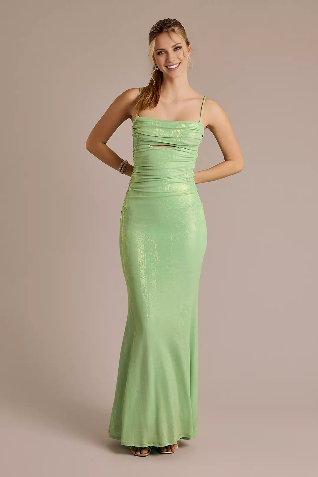 Metallic Draped Neckline Cutout Sheath Dress