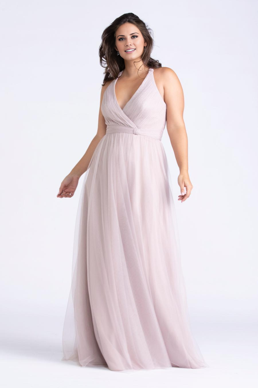 V-neck hanging neck sheer pleated backless and floor length evening dress