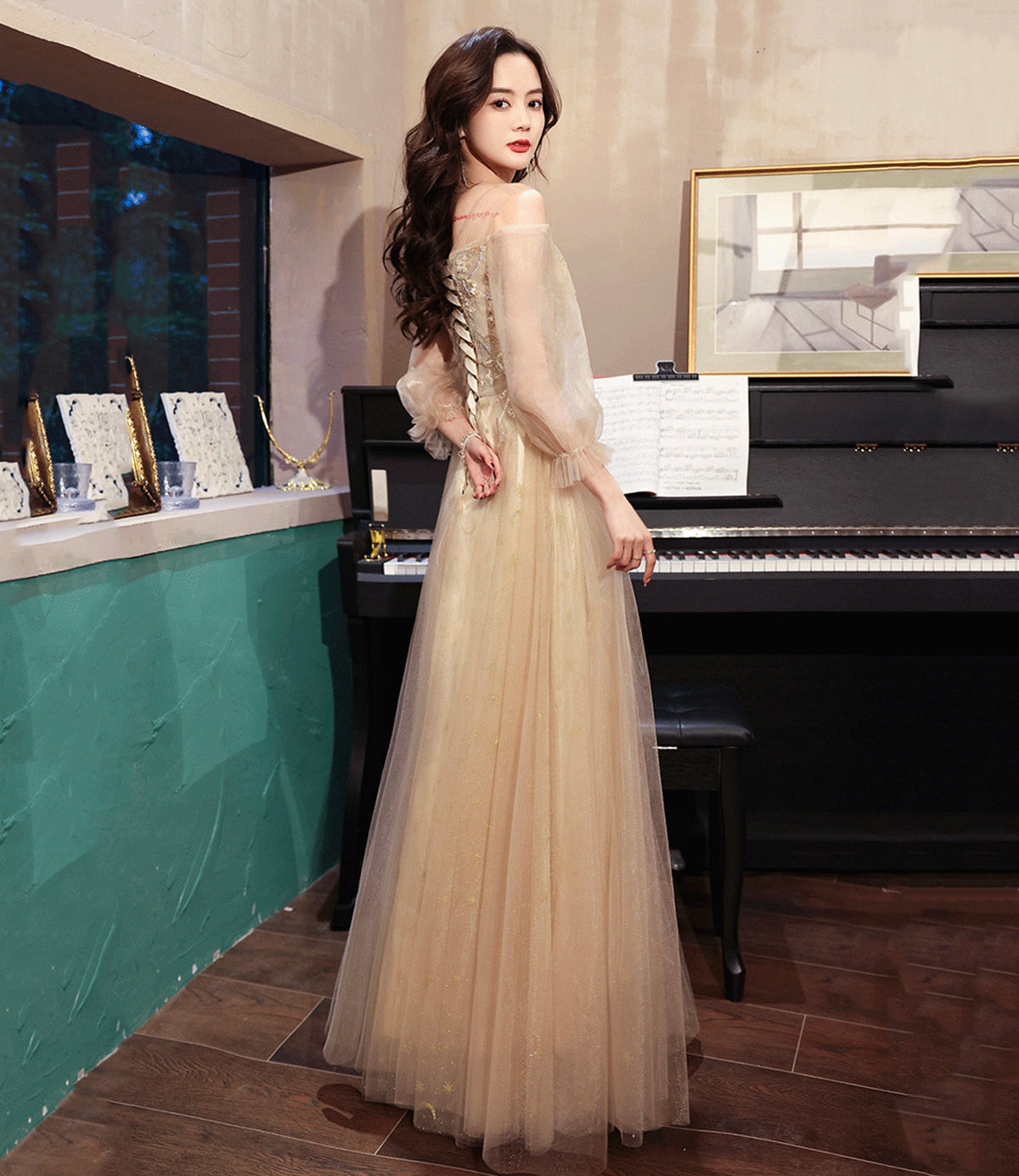 Champagne tulle lace long prom dress A line evening dress  10454