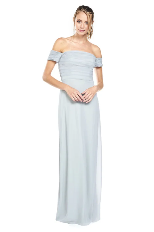 off shoulder collar sleeveless strapless backless and floor length Prom dress