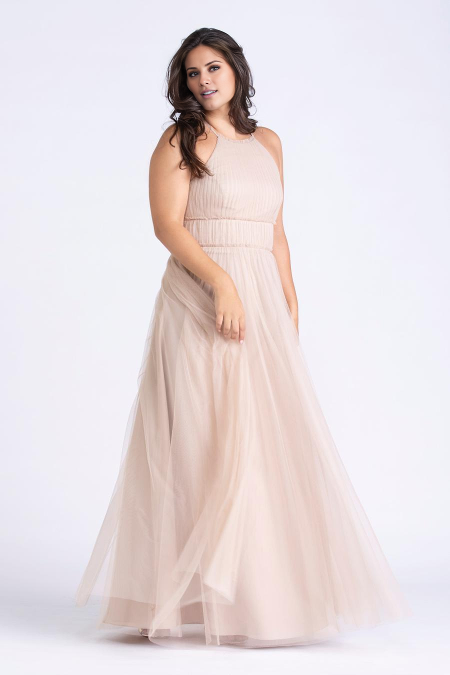 round neck sleeveless backless sheer pleated details and floor length evening dress
