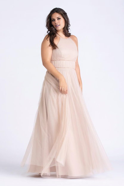 round neck sleeveless backless sheer pleated details and floor length evening dress