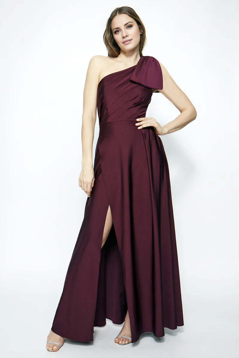 asymmetrical collar off shoulder sleeveless backless side slit and floor length Prom dress