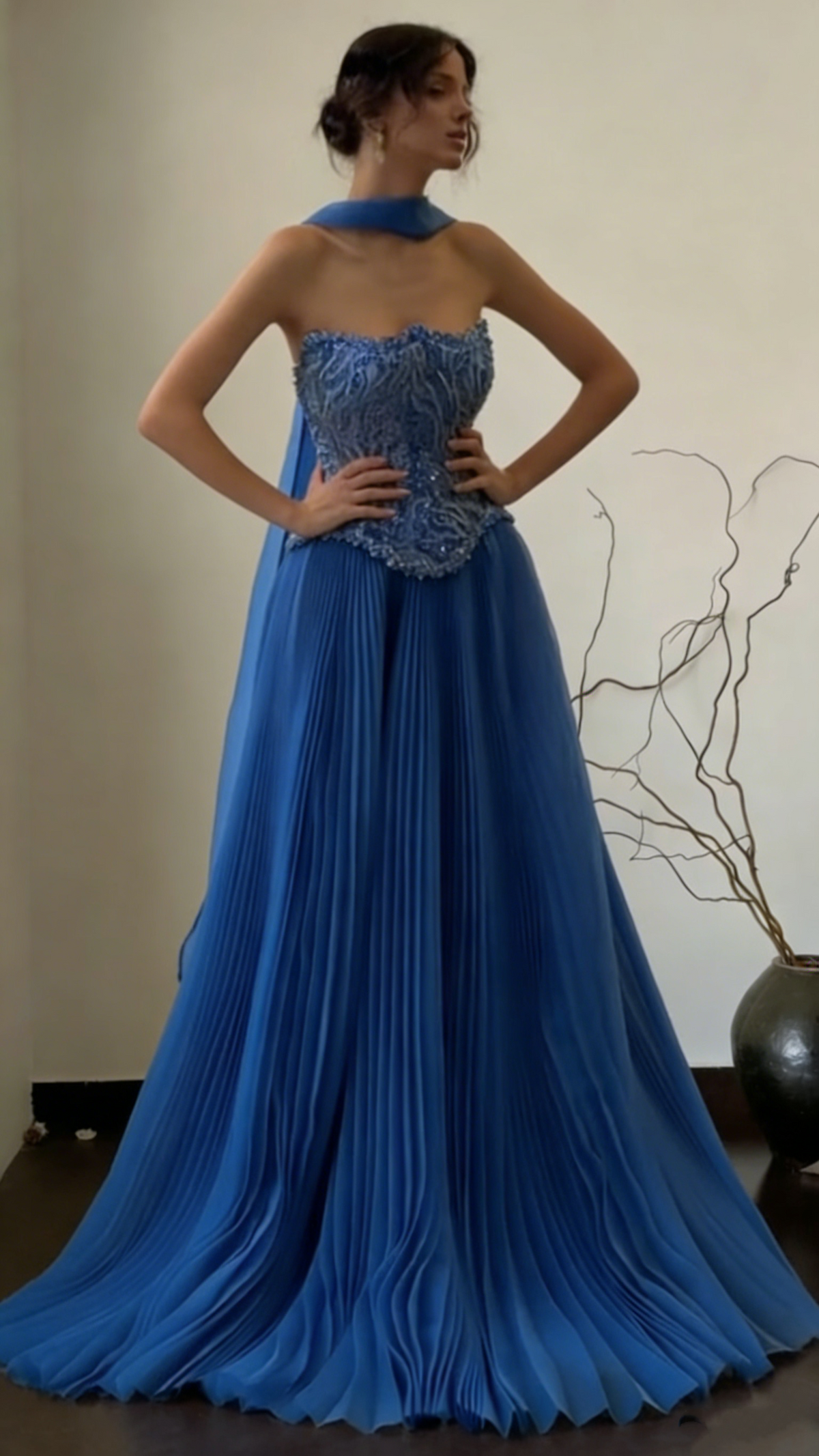 Gorgeous Strapless Blue Chiffon Pleated Beaded A Line Long Party Dress Sexy Prom Gown With Scarf SP1545