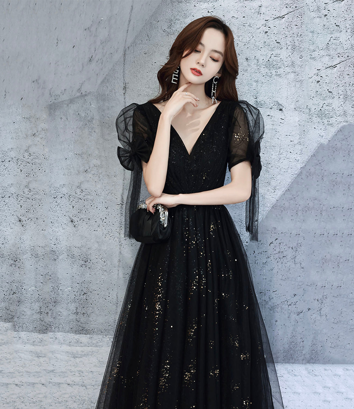 Black v neck tulle long prom dress A line evening dress  10318