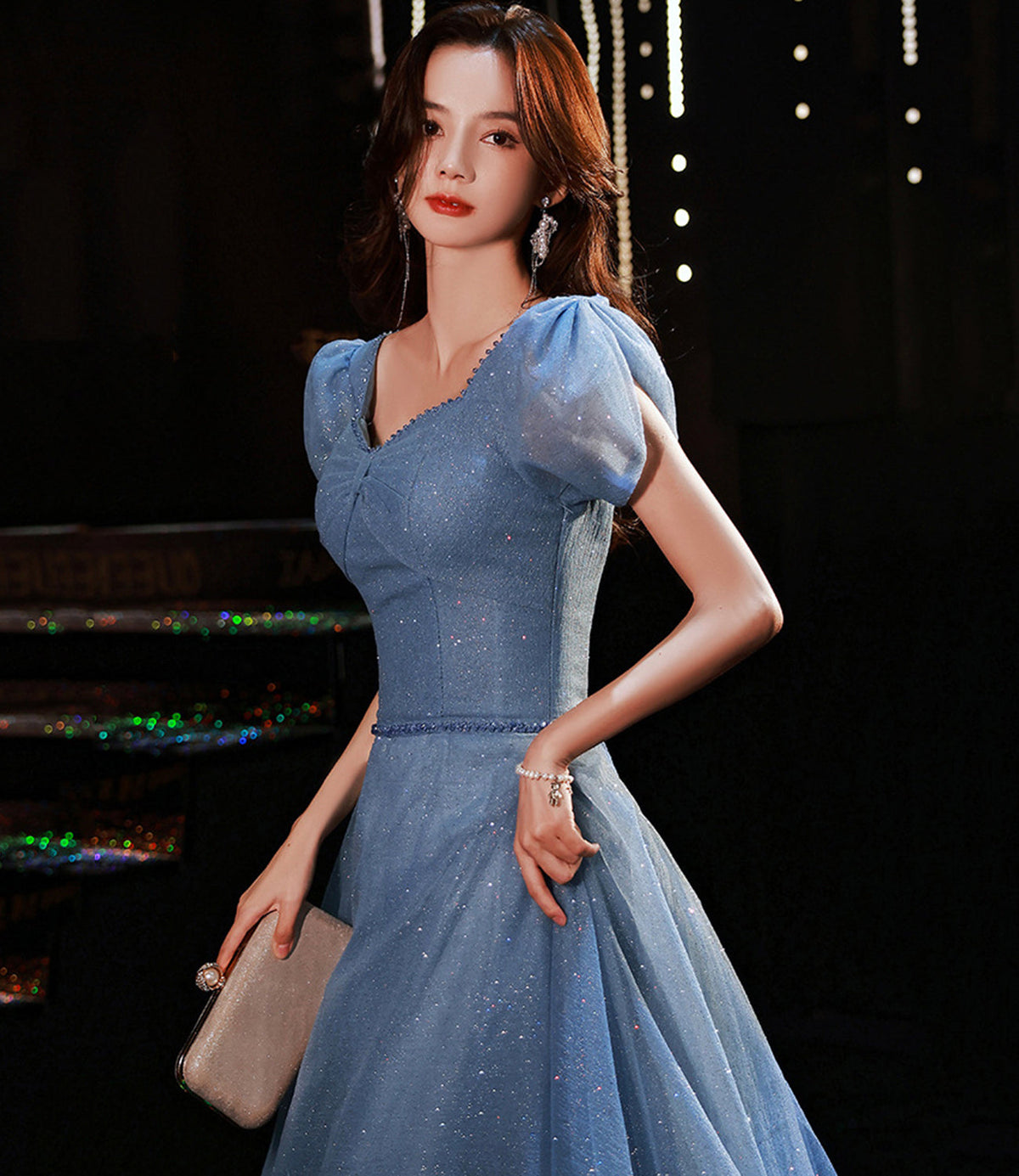 Blue tulle sequins long prom dress evening gown  10310
