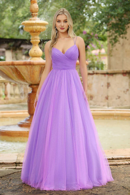 Thin shoulder strap deep V-neck wrap and floor length Prom dress