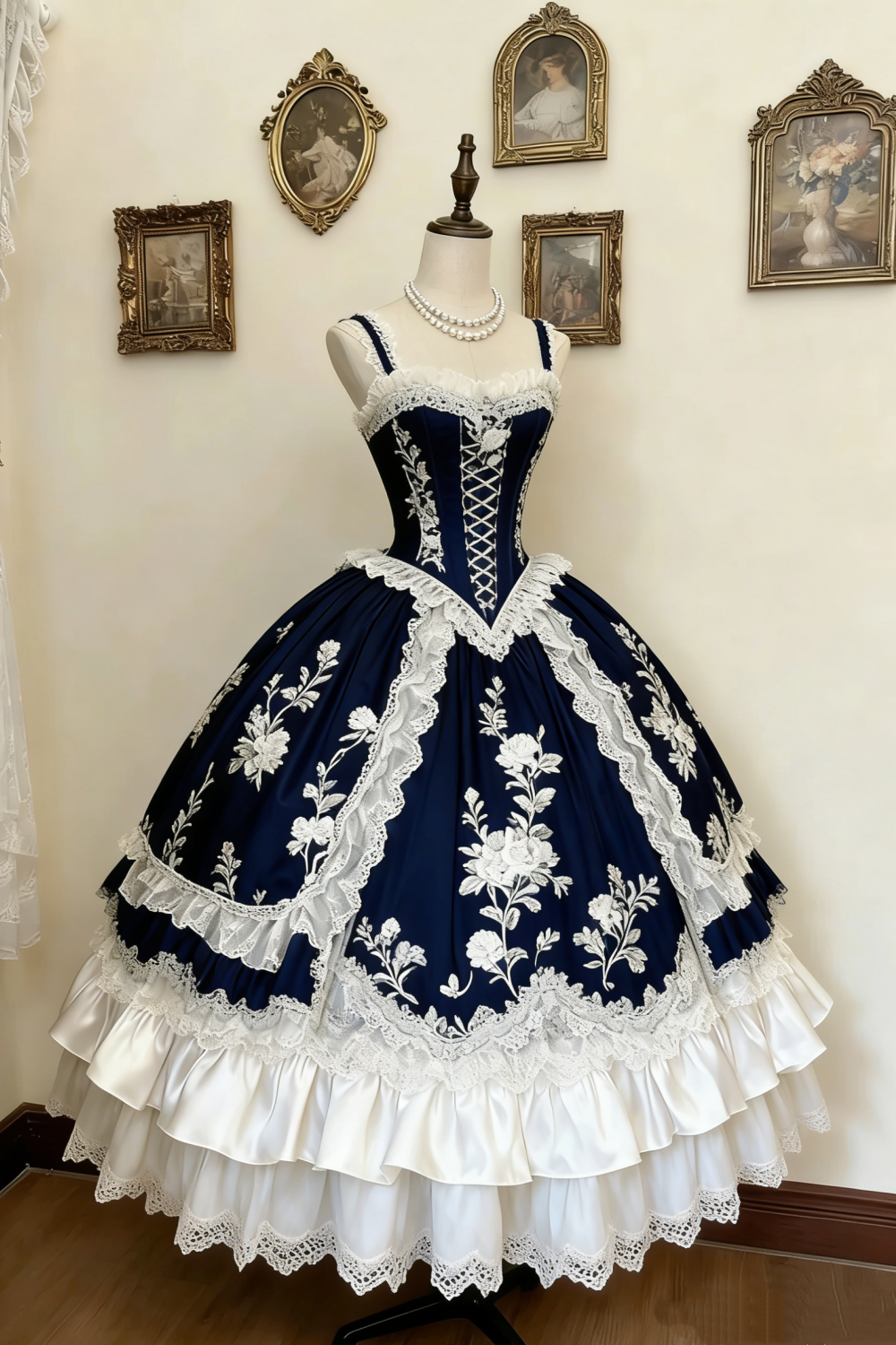 Green and White Rose Rococo Palace Dress gh6781