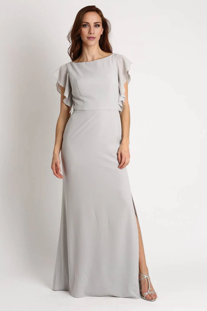 boat neckline short sleeved backless side slit and floor length evening dress