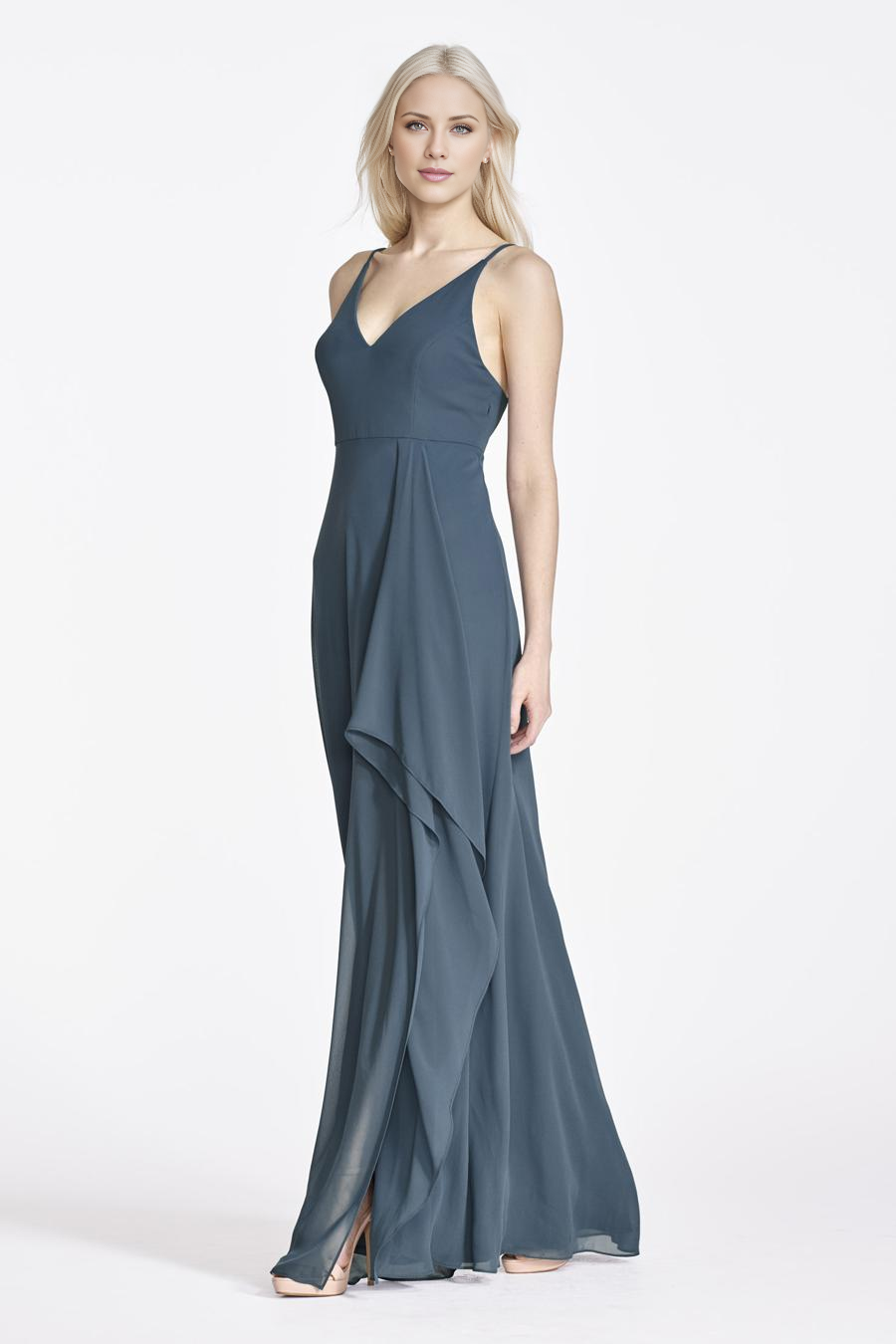 V-neck sleeveless off shoulder thin shoulder strap, backless and floor length evening dress