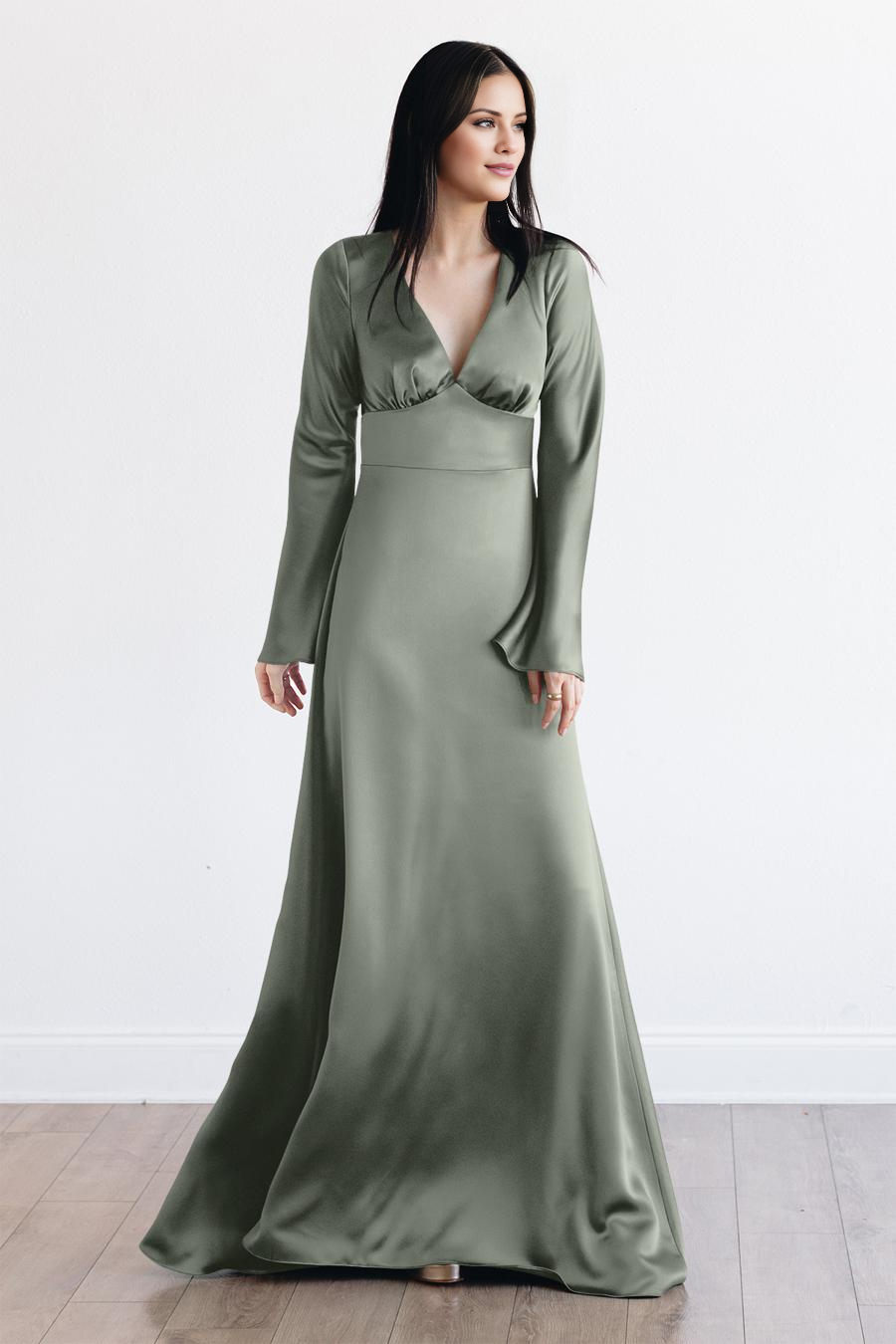 deep V-neck long sleeved backless and floor length evening dress