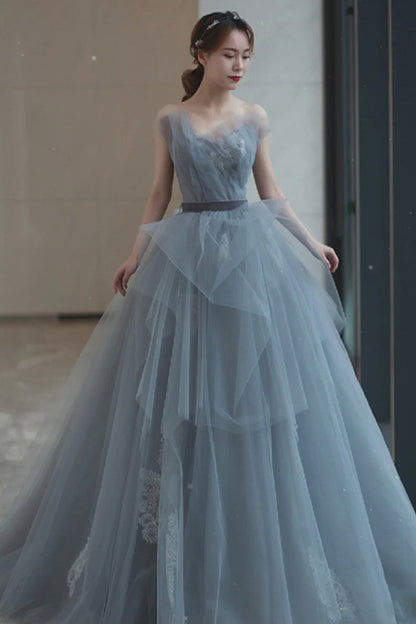 Gray tulle lace long A line prom dress evening dress  8682