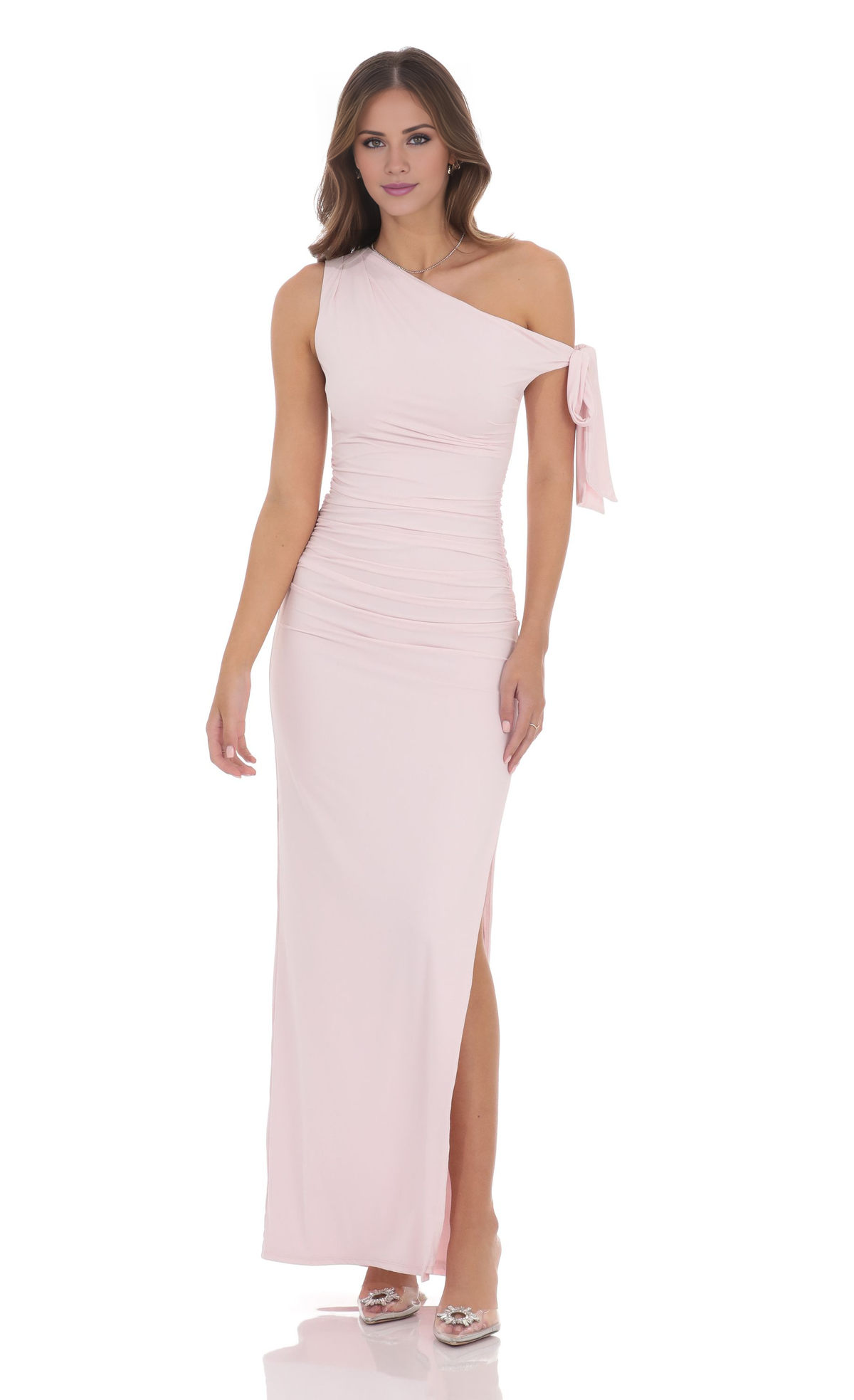 Asymmetric collar off shoulder sleeveless backless side slit and floor length Prom dress