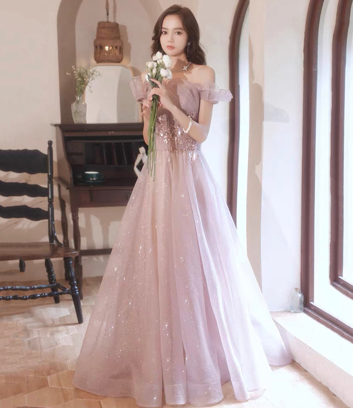 Pink tulle sequins long prom dress pink evening dress  10452