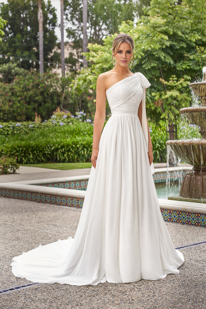 A-line chiffon pleated garment single shoulder bow wedding dress