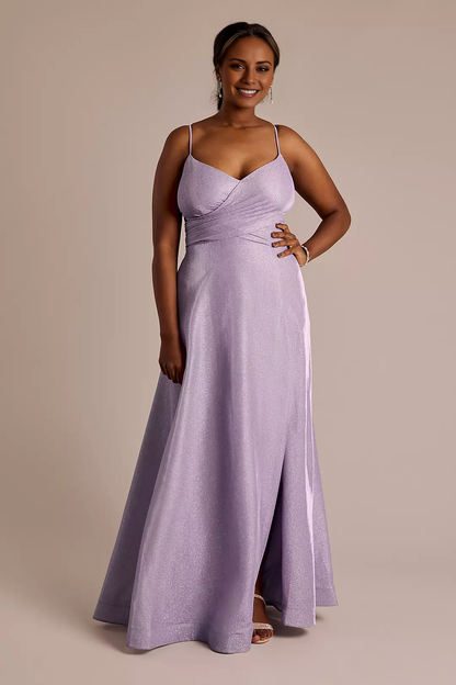 A-line V-neck backless sleeveless thin shoulder strap with side slits and floor length Prom dress