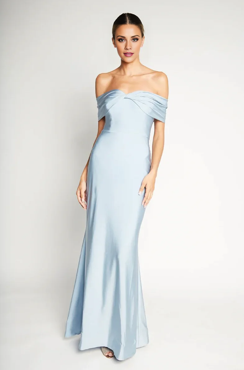 off shoulder collar sleeveless backless and floor length evening dress