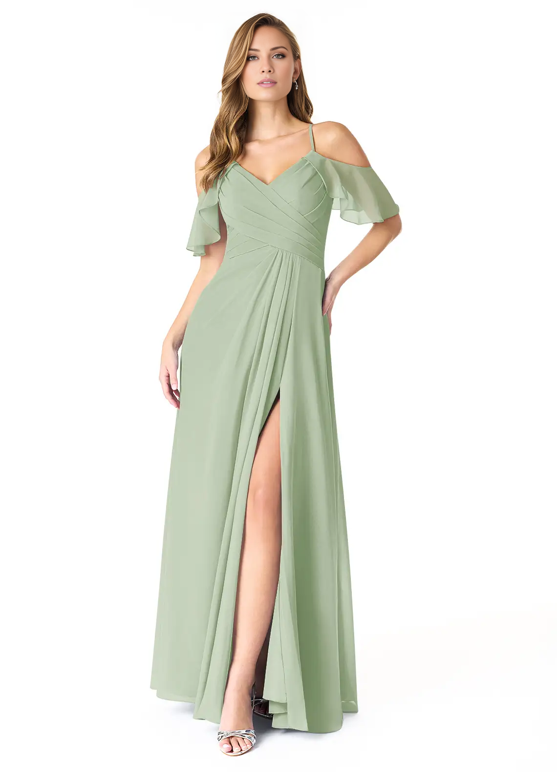 A-line V-neck pleated chiffon side slit and floor length bridesmaid dress - Dress