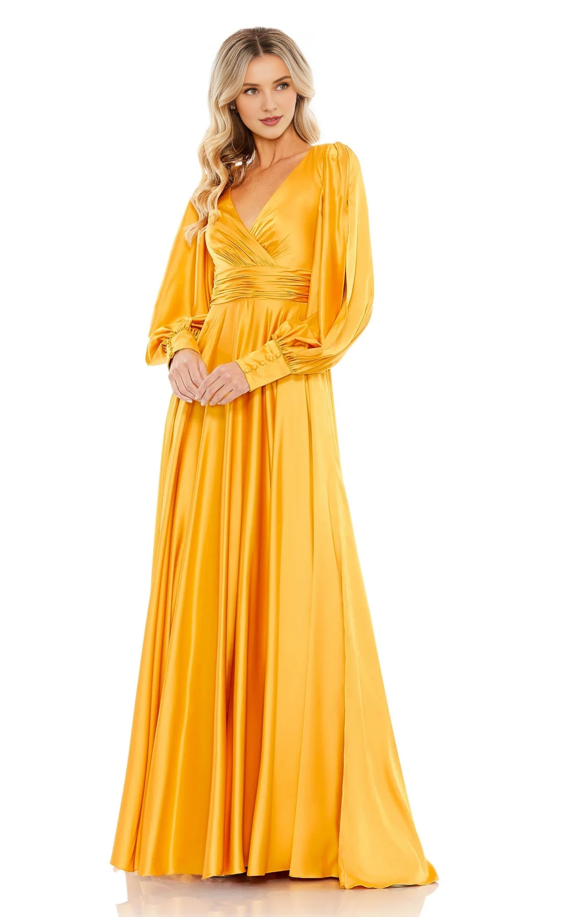 A-line V-neck satin long sleeved back zipper and floor length Prom dress