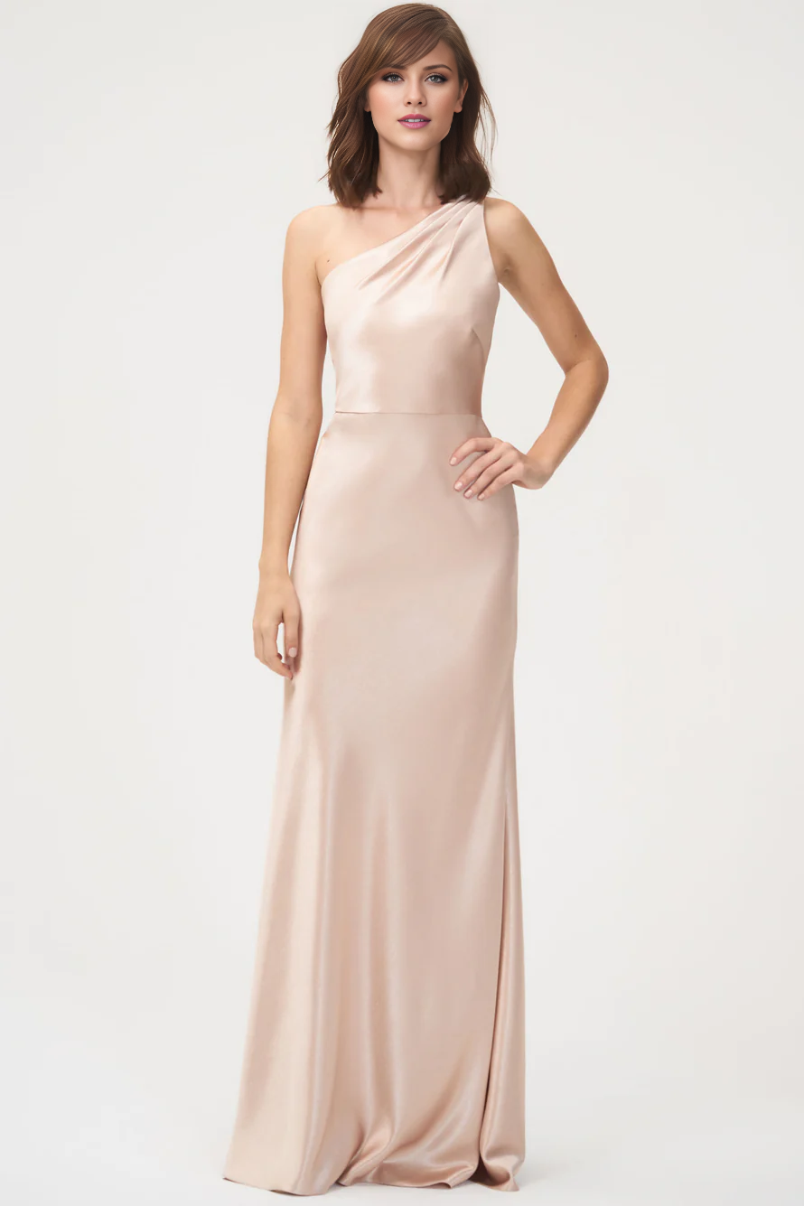 asymmetrical neckline off shoulder sleeveless backless and floor length evening dress