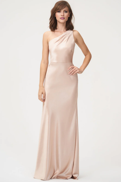 asymmetrical neckline off shoulder sleeveless backless and floor length evening dress