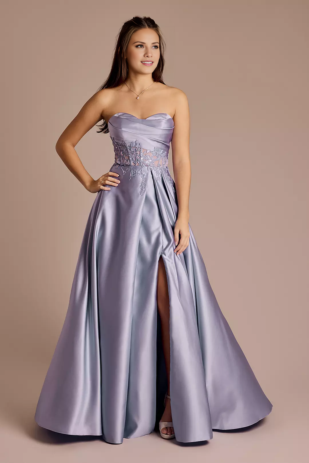Draped Strapless Satin Appliqued Ball Gown