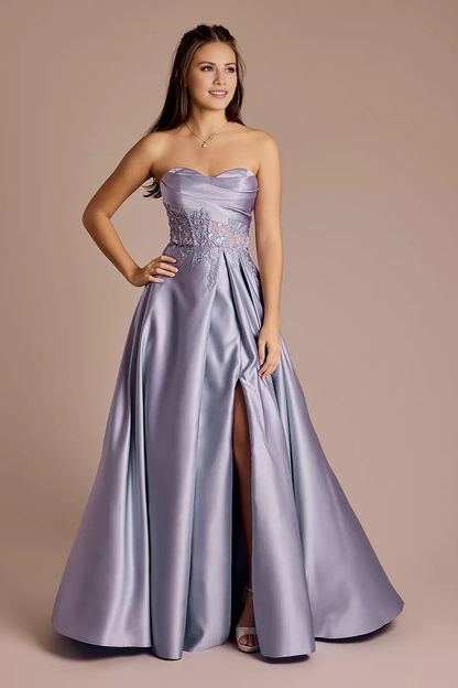 Draped Strapless Satin Appliqued Ball Gown