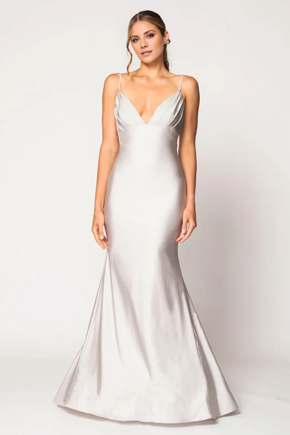 Mermaid V collar off shoulder sleeveless thin shoulder strap off back and floor length Prom dress