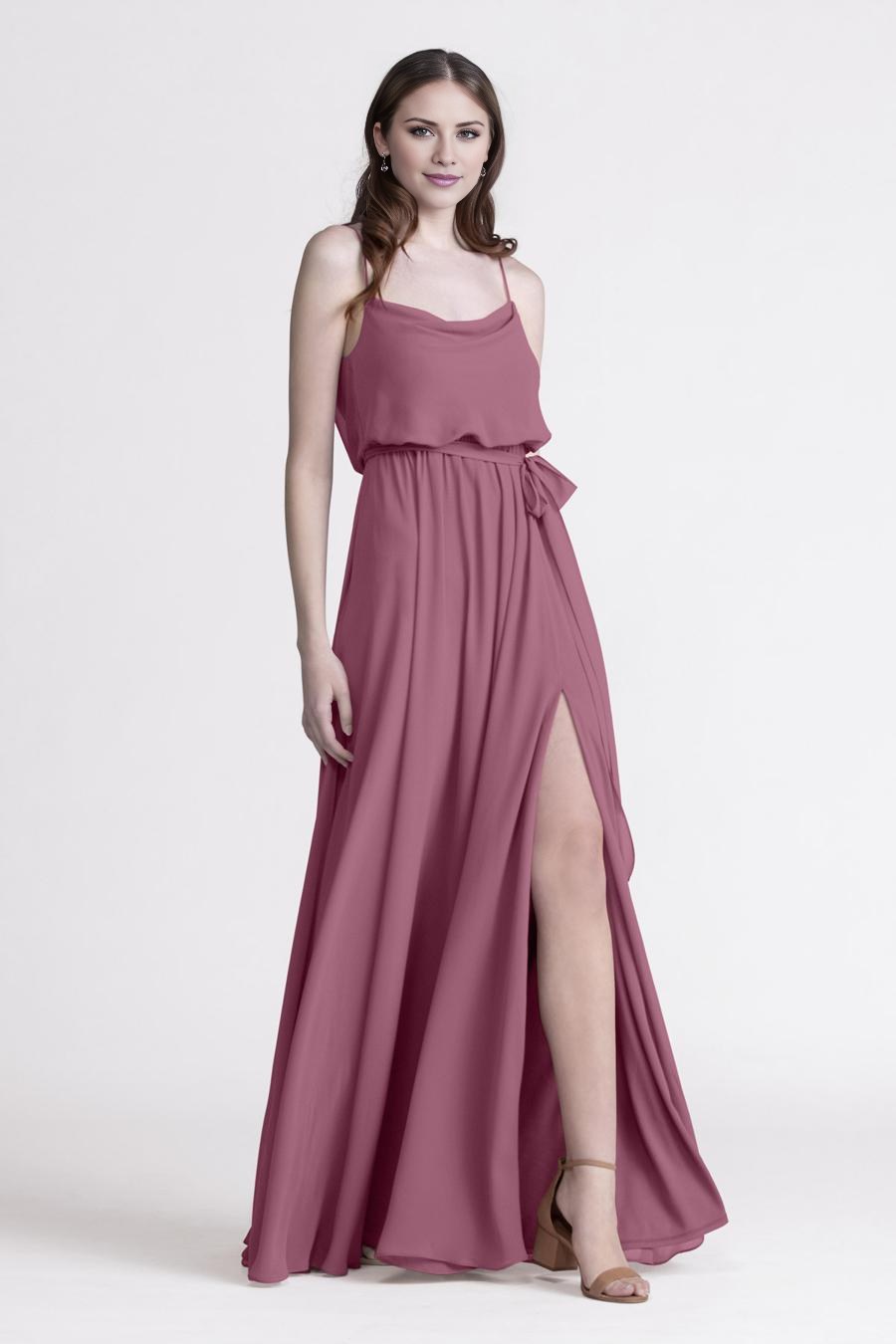 square neckline thin shoulder strap backless side slit and floor length evening dress
