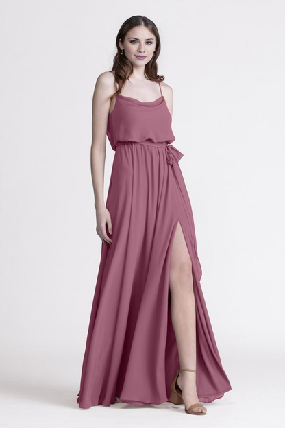 square neckline thin shoulder strap backless side slit and floor length evening dress
