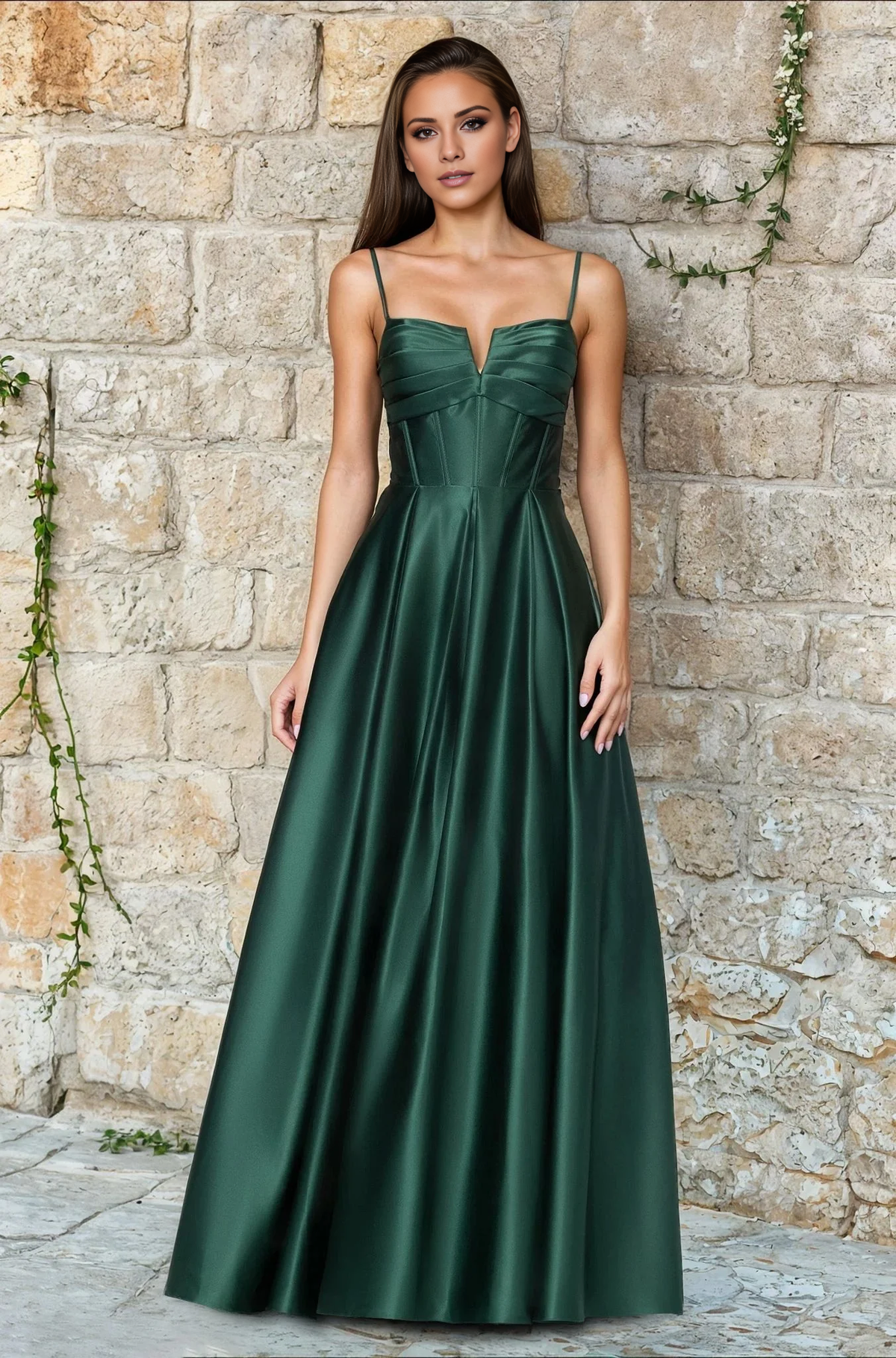 A-line V-neck slim shoulder strap backless and floor length evening dress