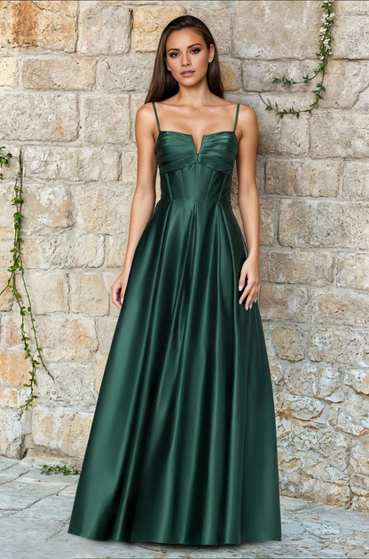 A-line V-neck slim shoulder strap backless and floor length evening dress