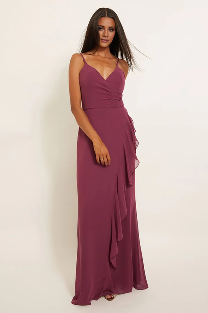 V collar off shoulder sleeveless thin shoulder strap backless and floor length Prom dress