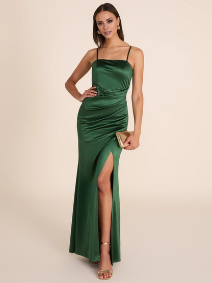 square neckline sleeveless thin shoulder strap satin side slit and floor length evening dress
