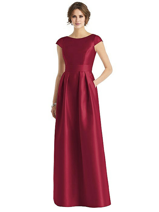 boat neckline short sleeved backless and floor length Prom dress