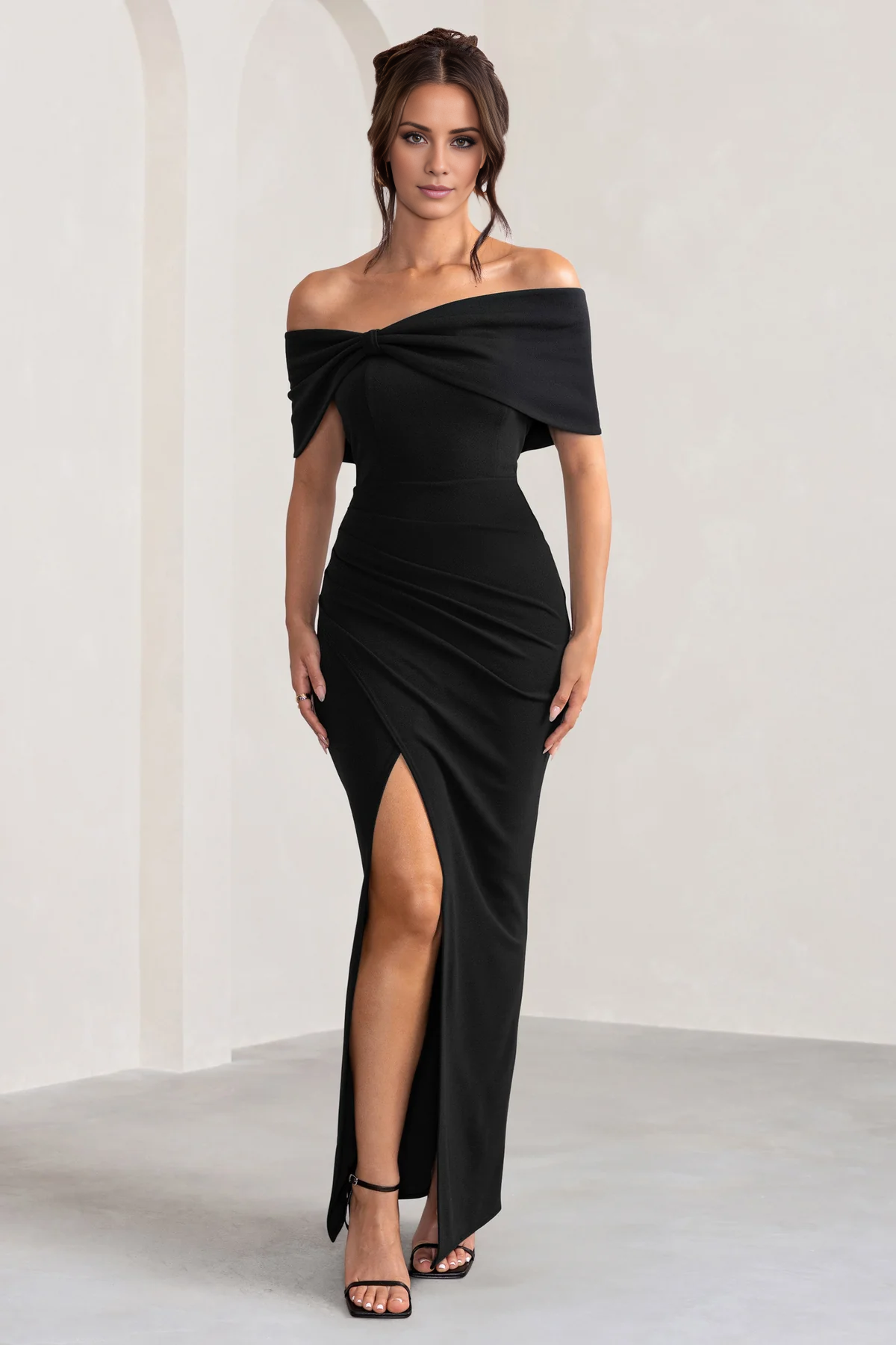 Off shoulder neckline with bow details thigh slit and floor length even dress - dress