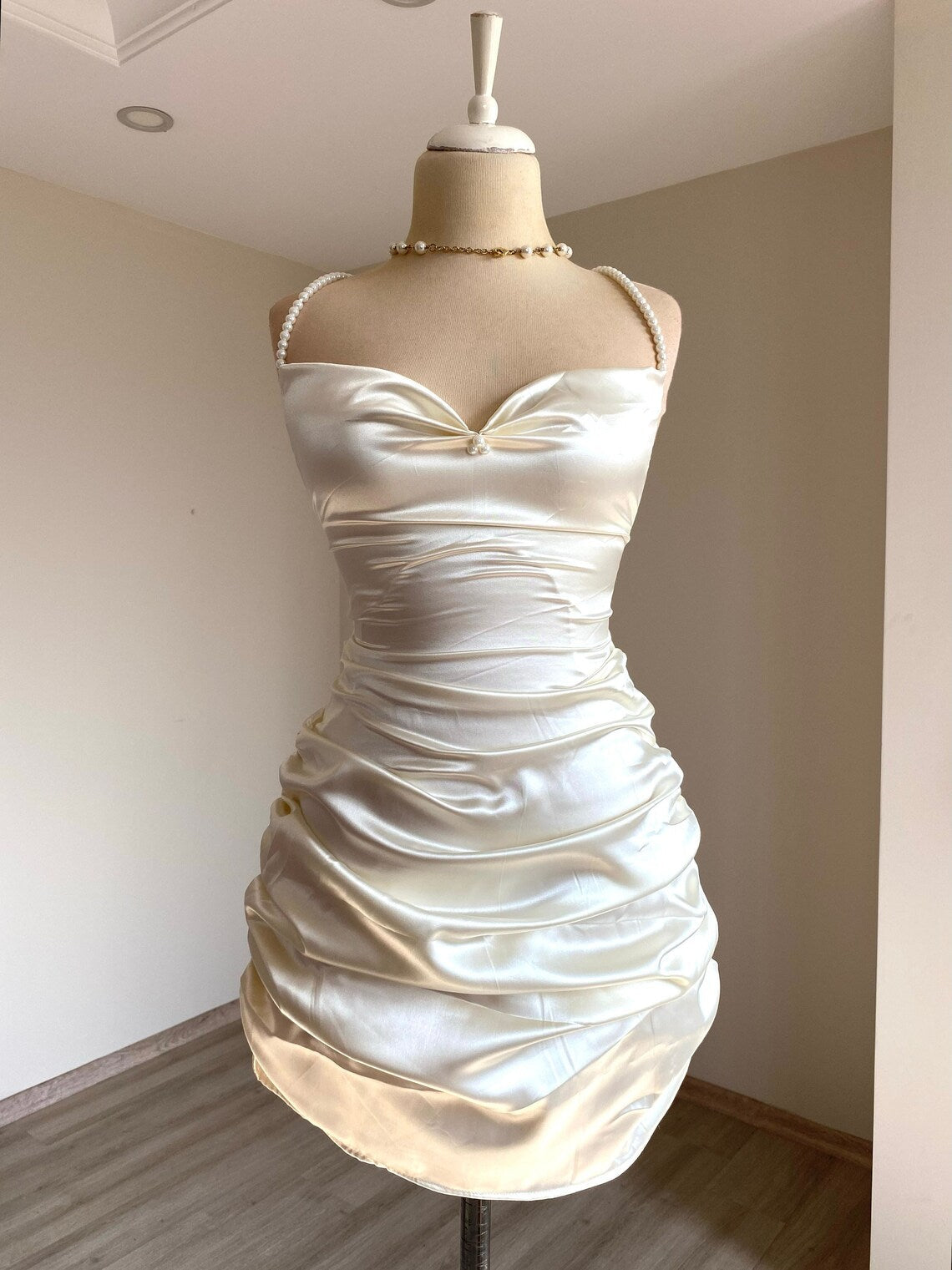 satin backless pleated detail back strap short Homecoming dress